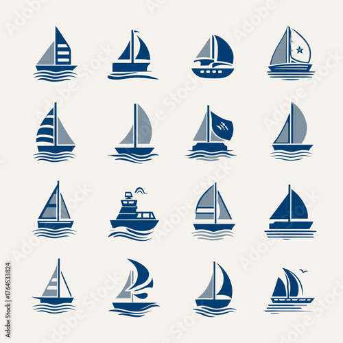 Collection of nautical boat and sailboat icons, vector illustrations for maritime travel and water transport design