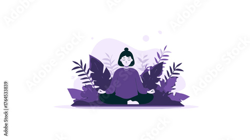 Mindful Woman Meditating in Lotus Position Among Plants. Yoga, Self-Care, Mental Wellness, and Inner Peace Concept Illustration.