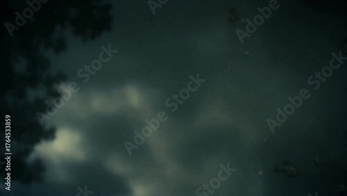 Top-down view of a water drop falling into a muddy puddle during a dark, stormy weather, creating ripples and a dramatic wet surface