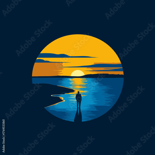 Peaceful sunset over calm water with a solitary figure standing on the shore, a serene moment of contemplation, minimalist vector illustration.