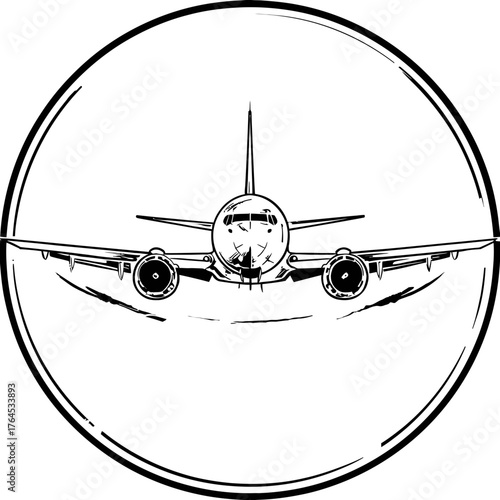 Front view illustration of a commercial airplane in a circular frame, black and white aircraft graphic for travel and aviation design