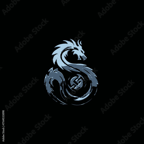 Stylized coiled dragon symbol, a mythical fantasy creature graphic design element in cool tones on black background, powerful emblem.