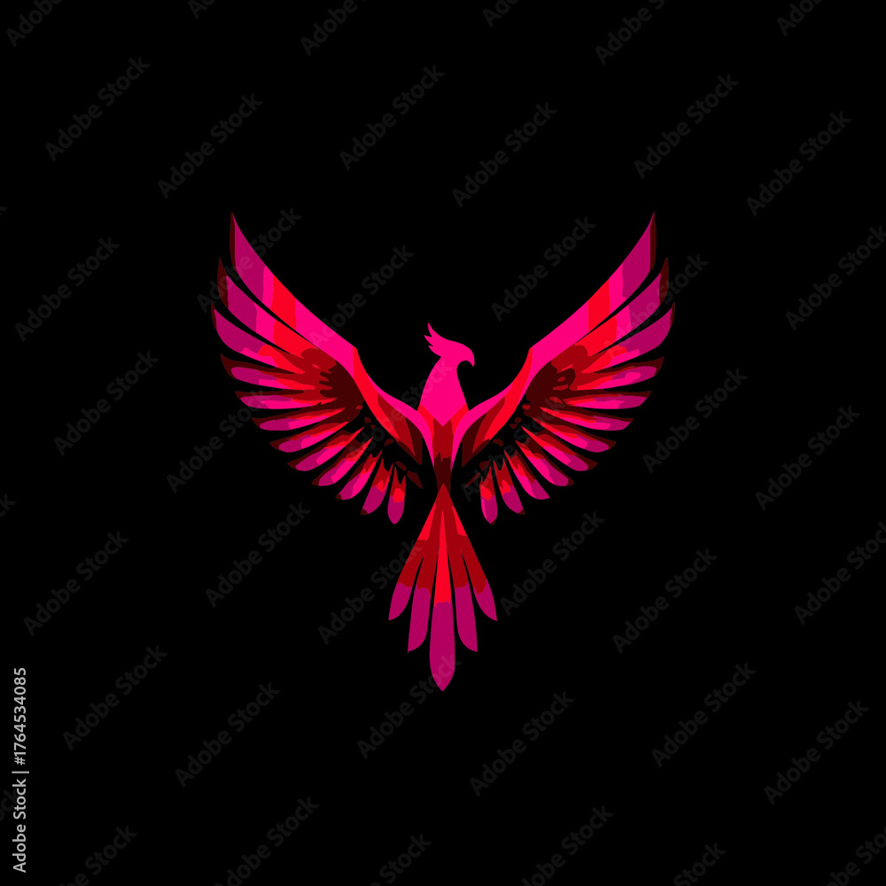 Obraz premium Majestic vibrant pink and red gradient mythical bird with outstretched wings on black, symbolic fantasy creature graphic design illustration.