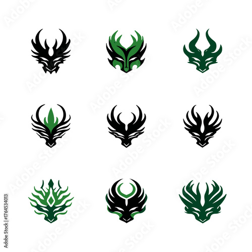Abstract Green and Black Mythical Creature Heads Vector Collection. Fantasy Monster Faces, Dragon Masks, and Powerful Beast Symbols Set.