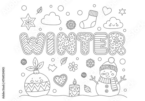 Adorable winter wonderland coloring book page with a cute snowman, snowflakes, and festive doodles for kids' activities