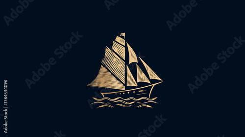 Golden sailing ship emblem illustration on dark blue background, vintage nautical design, elegant maritime symbol, old vessel graphic.