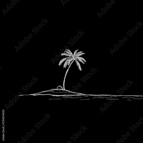 Minimalist white line art sketch of a solitary palm tree on a small tropical island with ocean waves, black background illustration.