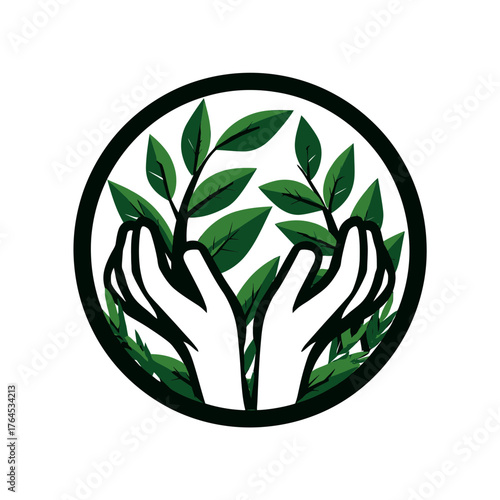 Hands nurturing green plant shoots within a circular frame, symbolizing environmental care, growth, nature conservation, and sustainable living concept