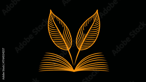 Elegant golden book with two feather quills on a black background, symbolizing literature, knowledge, education, and creative writing