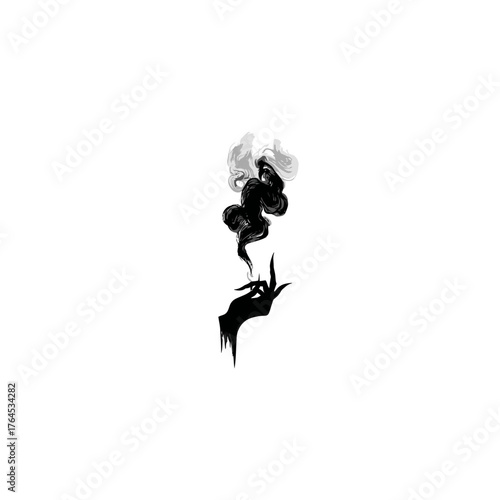Stylized mysterious black hand with rising dark smoke, an abstract magical graphic illustration on a clean white background.