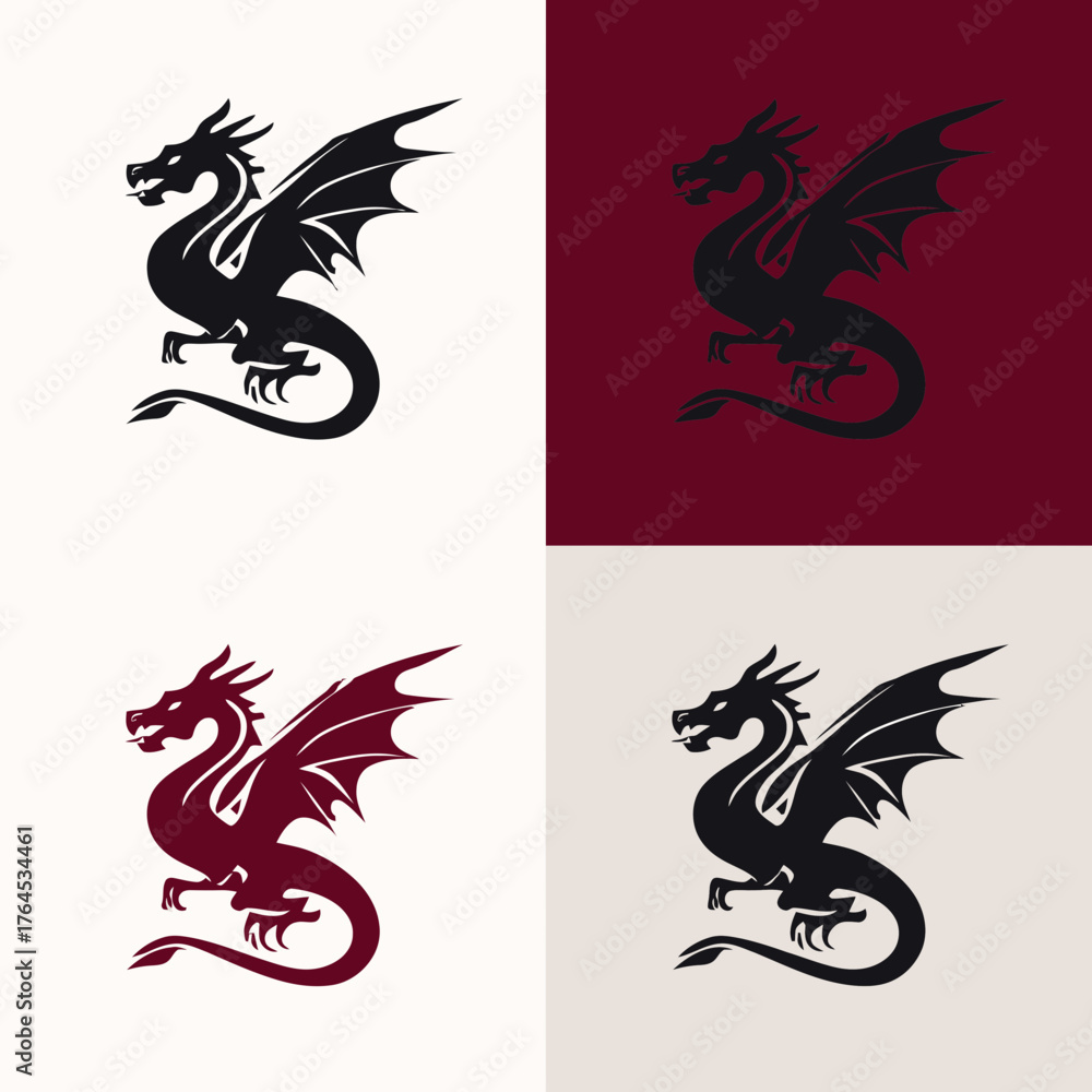 Fototapeta premium Set of stylized heraldic dragon emblems. Mythical fantasy creature illustrations for logo design, medieval concepts, and power symbols.