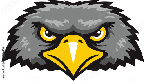 Fierce eagle head illustration with intense yellow eyes and sharp beak. Predatory bird mascot design, powerful grey and yellow raptor.