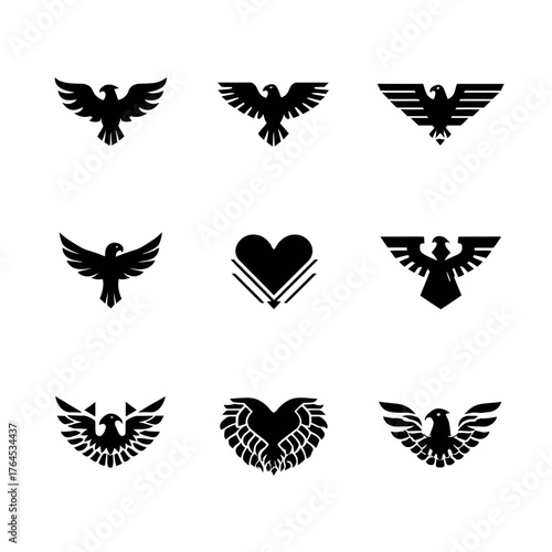 Stylized black eagle and bird of prey silhouette logos, vector emblems for design, representing power, freedom, and strength.