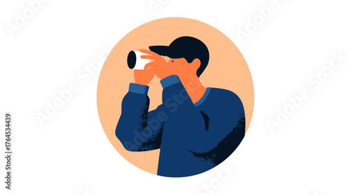 Minimalist vector illustration of a man with a cap looking through a monocular, symbolizing search, discovery, and future vision.