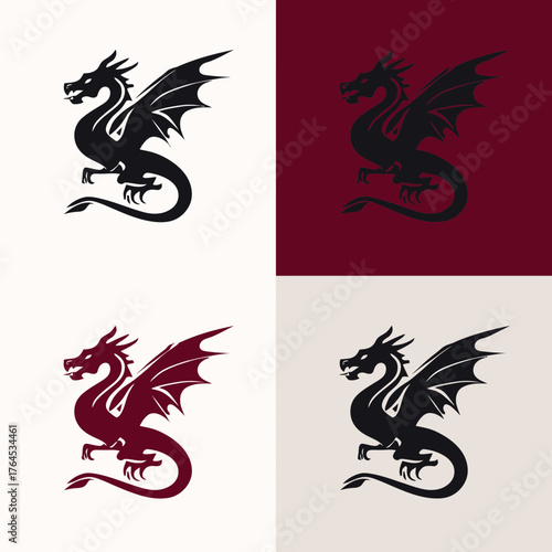 Set of stylized heraldic dragon emblems. Mythical fantasy creature illustrations for logo design, medieval concepts, and power symbols.