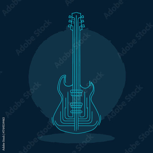 Sleek neon blue electric guitar line art illustration with circuit board elements on a dark background, representing modern music technology.