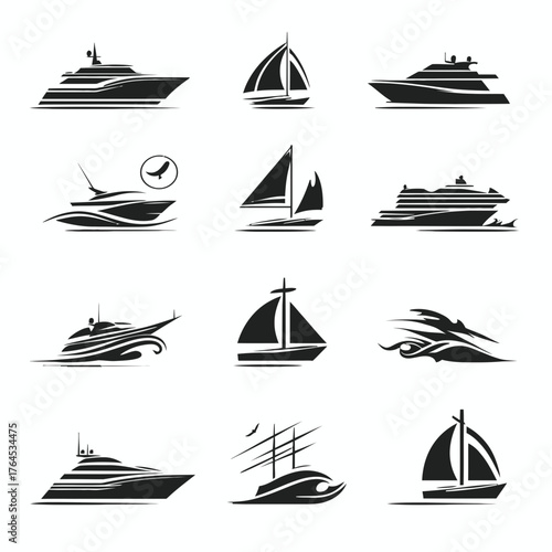 Collection of vector boat icons. Black and white silhouettes of yachts, sailboats, and cruise ships for marine transport and leisure watercraft.