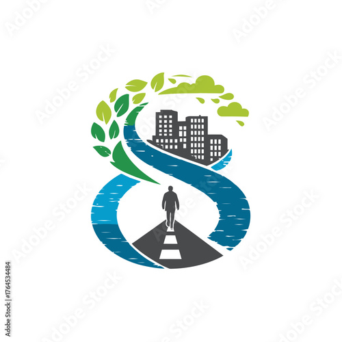Urban sustainability path icon, balancing nature with cityscape, person walking on road, green leaves and flowing water design