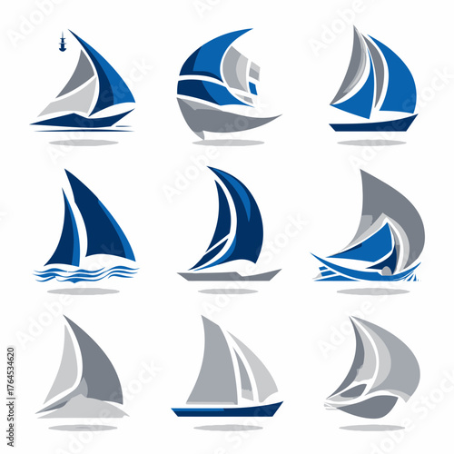 Abstract Sailboat and Yacht Icons Vector Set. Modern Nautical Boat Symbols in Blue and Gray for Marine Travel, Leisure, and Graphic Design.