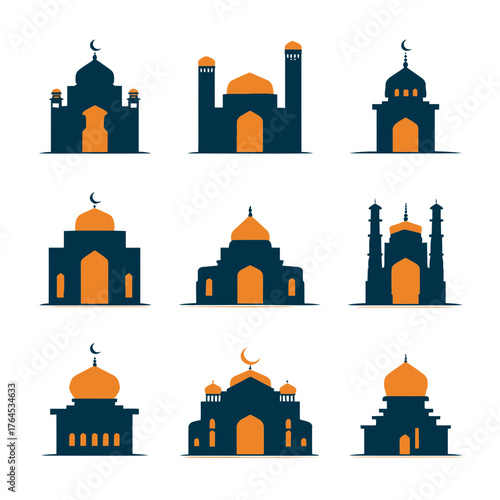 Collection of stylized mosque icons. Islamic religious buildings with domes and minarets, perfect for Muslim culture, Ramadan, and Eid celebrations.