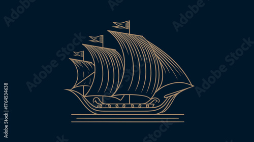 Vintage sailing ship outline in golden line art on a dark navy background, representing maritime voyage, exploration, and history