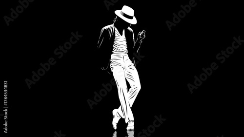 Dynamic silhouette of a male dancer in a fedora hat and stylish suit, striking an iconic pose on a dark stage, black and white illustration.