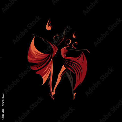 Dynamic illustration of two graceful female dancers in flowing red gowns with fiery accents against a dark, dramatic background.