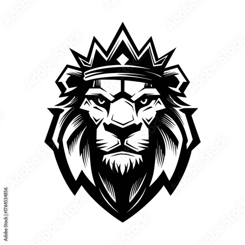 Majestic black and white lion head wearing a crown, powerful emblem or mascot design, symbolizing strength, leadership, and royalty.
