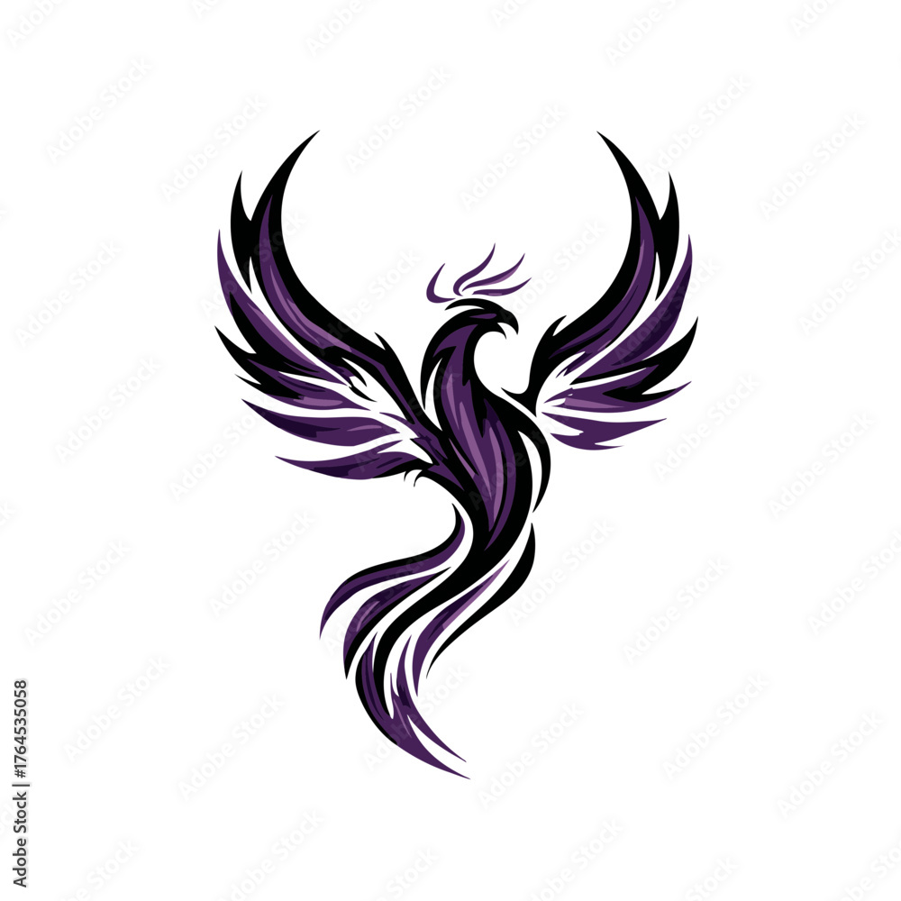 Obraz premium Majestic purple and black phoenix rising illustration, mythological bird symbol of rebirth, power, and transformation