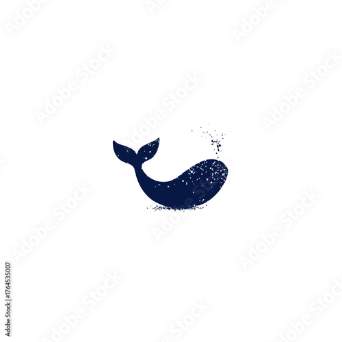 Stylized dark blue whale tail and body illustration with textured dots on a clean white background, minimalist marine life art.