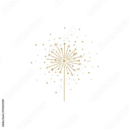 Elegant golden dandelion line art illustration with delicate seeds blowing in the wind. Minimalist nature vector graphic.