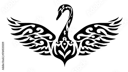 Black tribal swan design with spread wings, elegant artistic illustration, stylized graceful bird symbol, graphic element
