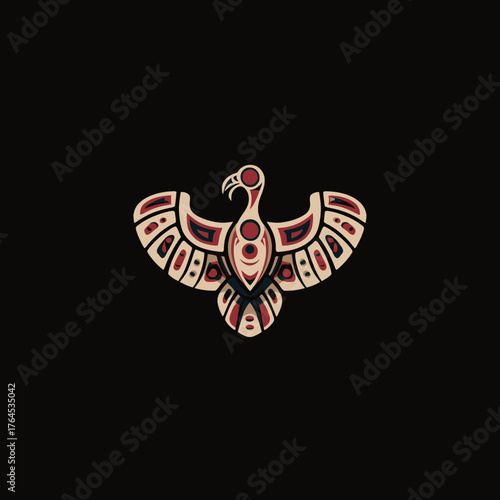 Traditional Pacific Northwest Indigenous stylized bird art graphic, featuring a vibrant tribal design with an eagle or raven motif
