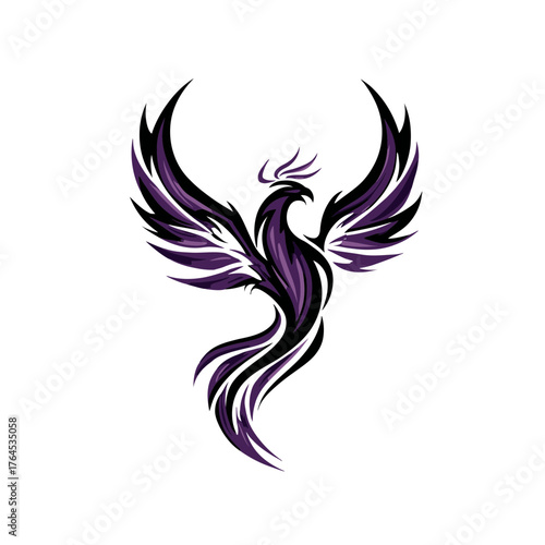 Majestic purple and black phoenix rising illustration, mythological bird symbol of rebirth, power, and transformation
