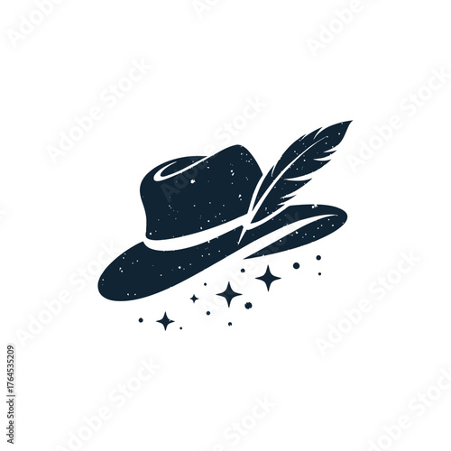 Magical dark hat with a feather and sparkling stars, vintage style wizardry emblem for fantasy and mystery designs
