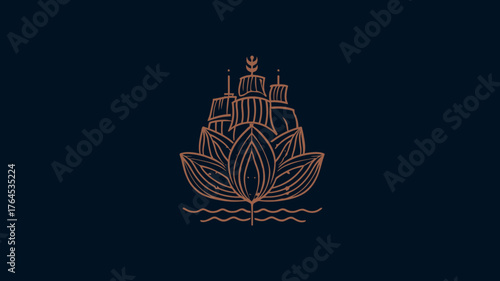 Elegant copper line art illustration of a cityscape emerging from a lotus flower on water. Abstract urban floral design element or icon.