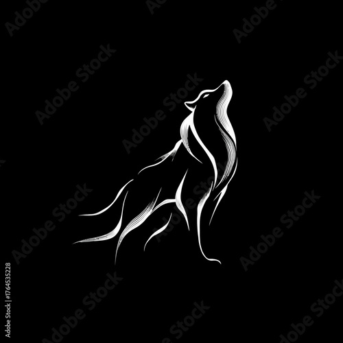 Elegant White Wolf Howling Silhouette Against Black Background - Modern Minimalist Animal Illustration for Design