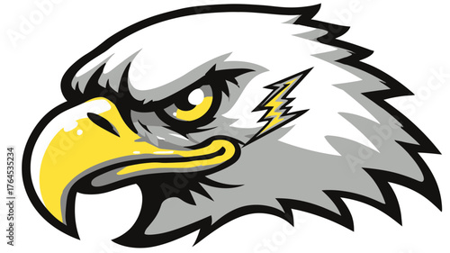 Fierce eagle head illustration with lightning bolt, powerful bird of prey mascot design, vector graphic emblem