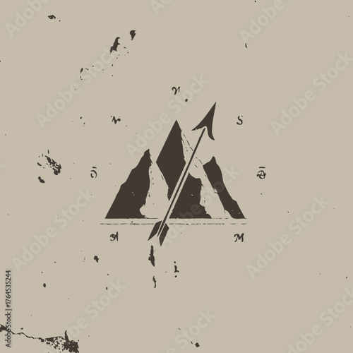 Rustic mountain peaks and directional arrow grunge emblem. Vintage outdoor adventure symbol on textured background, minimalist design.