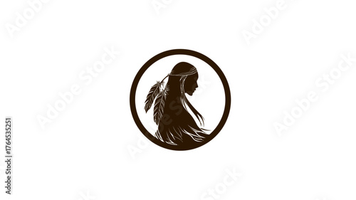 Elegant silhouette of a woman in profile with feathers and a headband in a circular frame, symbolizing tribal heritage or bohemian spirit.