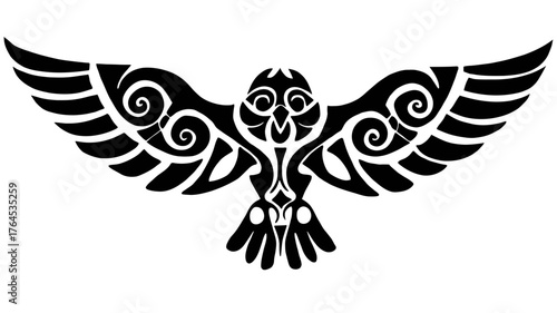 Stylized black silhouette of an owl with spread wings, featuring intricate tribal patterns, a modern graphic vector illustration.