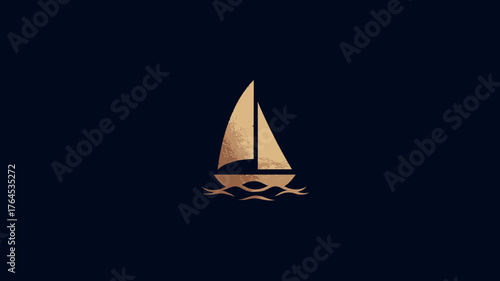 Minimalist golden sailboat illustration on deep blue background, elegant yacht, sailing adventure, luxury travel concept