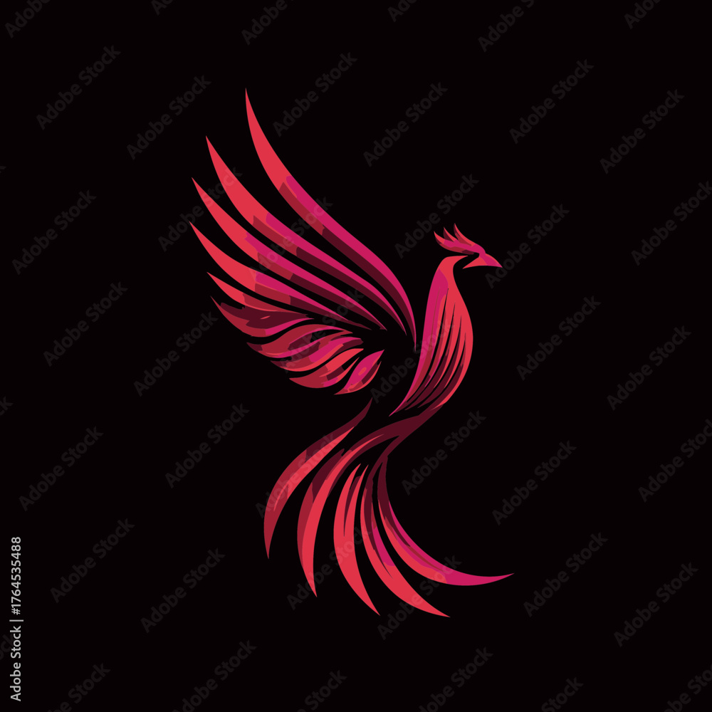 Fototapeta premium Stylized Phoenix Bird Vector Logo on Black Background, Majestic Mythical Firebird with Spread Wings, Red and Pink Gradient, Symbol of Rebirth