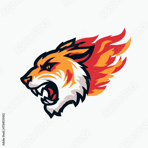 Dynamic roaring tiger head with fiery mane and fierce expression, a powerful wild animal mascot vector illustration.