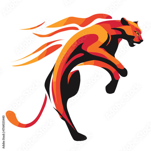 Dynamic fiery big cat illustration in mid-leap, abstract red orange speed lines, powerful predatory animal digital art, energetic wild feline graphic