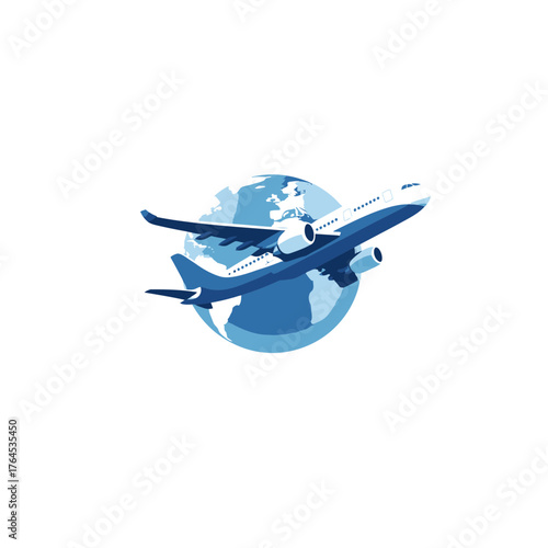 Blue airplane flying around a blue globe, symbolizing global travel, air transportation, international flights, and world exploration. Vector illustration.