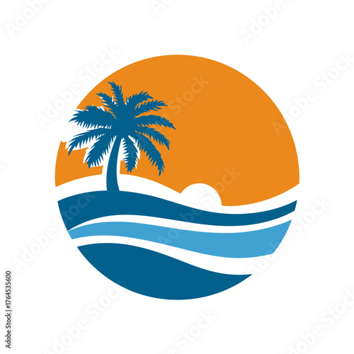 Stylized tropical beach scene with palm tree silhouette, ocean waves, and setting sun. Vacation travel island paradise graphic.