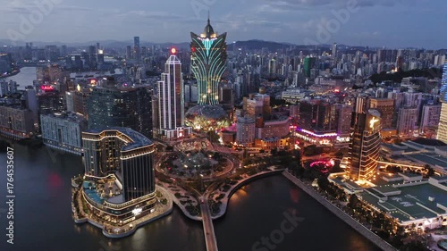 Aerial view of downtown skyline at night, Macao, China