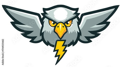 Powerful flying eagle mascot with lightning bolt, vector illustration of a predatory bird head with spread wings, cartoon style emblem