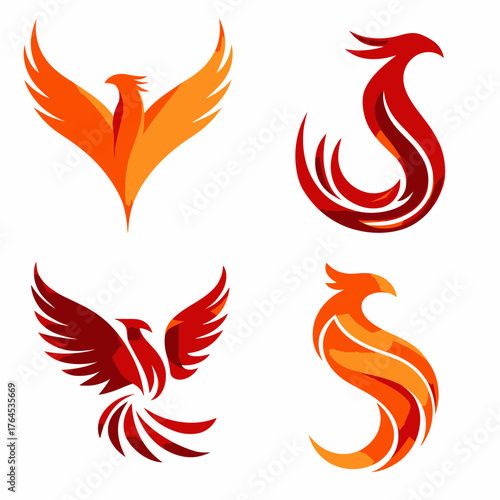 Vibrant vector set of abstract phoenix bird designs, mythical creature, fiery rebirth symbol, strong emblem, powerful icon, geometric style, soaring wings
